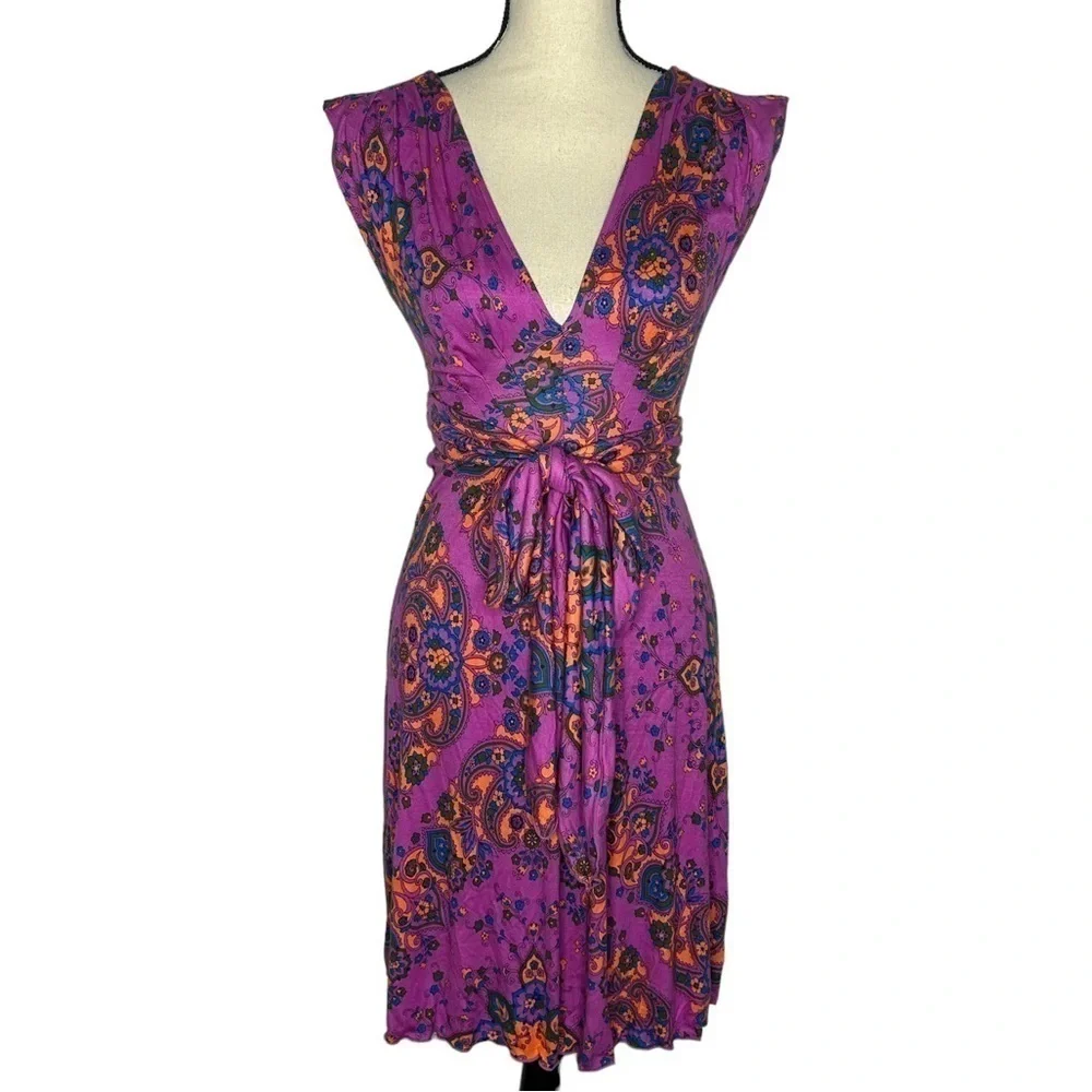 NWOT Free People Mixed Print V Neck Sleeveless Waist Tie Mini Dress
